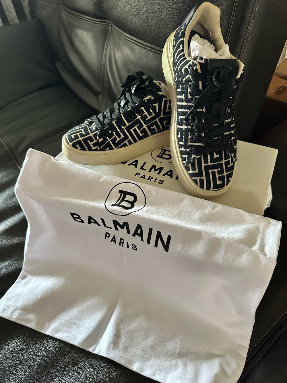 Balmain Black & Cream Monogram Low-Top Sneakers